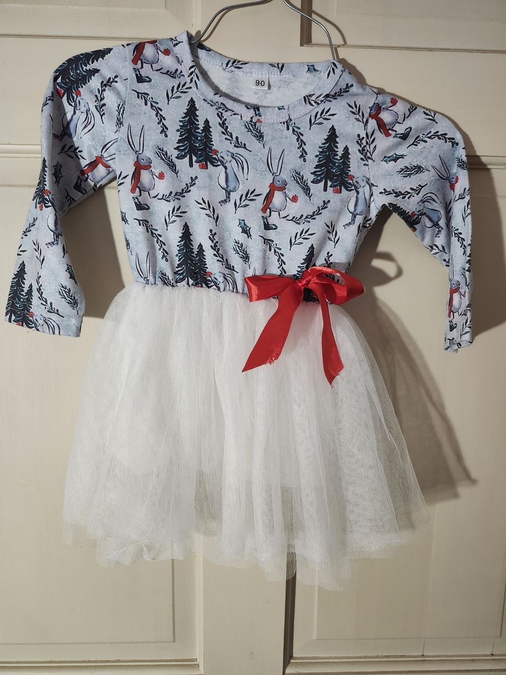 Girls Light Blue Bunny Print Top with White Tulle Skirt and Red Bow